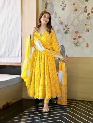 TATSOI Women Block Print Anarkali Kurta(Yellow)