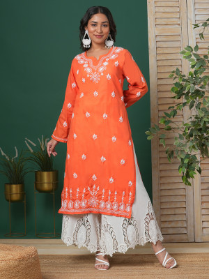 ADA Women Chikan Embroidery, Embroidered Straight Kurta(Orange)