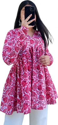 RITU FASHION Women Floral Print Flared Kurta(Pink)