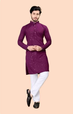 M DRESSES Men Embellished A-line Kurta(Purple)