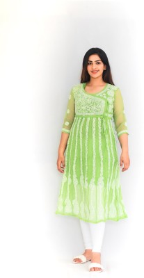 Hautemoda Women Chikan Embroidery Straight Kurta(White, Light Green)