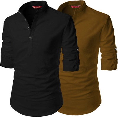 FireFish Men Solid A-line Kurta(Black, Brown)