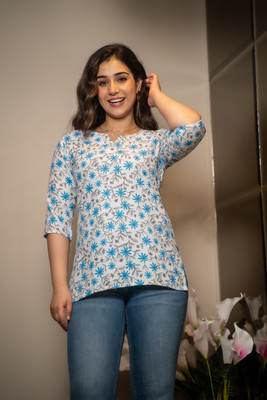 Andheriyas Women Printed Straight Kurta(Blue, White)