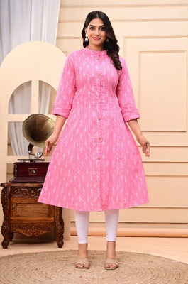 VISHNUVASTRAM Women Block Print, Colorblock, Dyed/Ombre Frontslit Kurta(Pink)