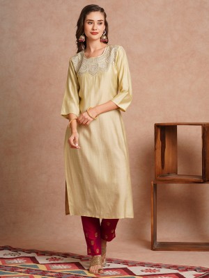 Fashor Women Embroidered Straight Kurta(Beige)