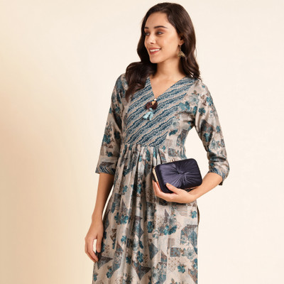 Divastri Women Printed A-line Kurta(Blue)