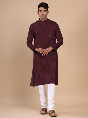Hasnufashion Men Striped A-line Kurta(Brown)