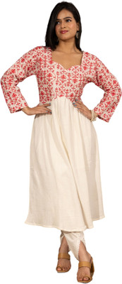 Gailee Women Chikan Embroidery A-line Kurta(White)