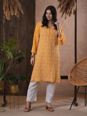 ADA Women Chikan Embroidery, Embroidered Straight Kurta(Yellow)