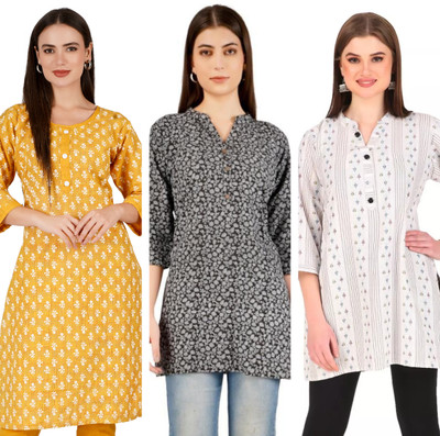 Finekraft Women Self Design, Floral Print Straight Kurta(Yellow, Black, White)