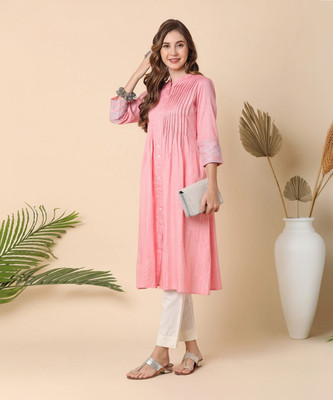 Globus Women Striped A-line Kurta(Pink)