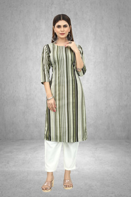 HouseOfCommon Women Striped Straight Kurta(Green)