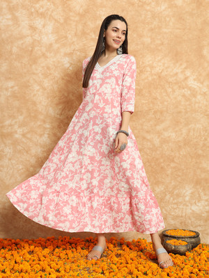 Sa Rasa Women Printed Anarkali Kurta(Pink)