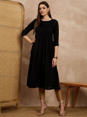HERE&NOW Women Solid A-line Kurta(Black)
