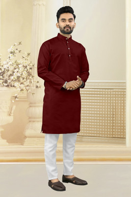 Shree Dutt Creation Men Solid Straight Kurta(Maroon)