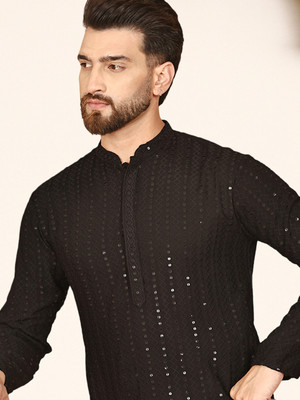 ANOUK Men Embroidered Straight Kurta(Black)