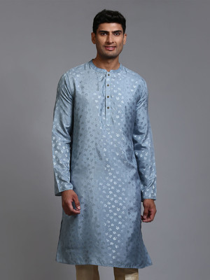 VM Men Self Design A-line Kurta(Light Blue)