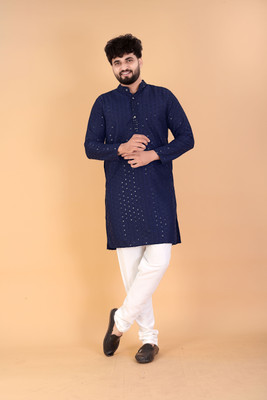 Keton Men Embroidered, Embellished Straight Kurta(Dark Blue)