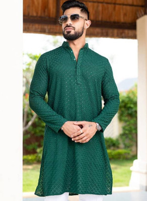Parth Art Men Chikan Embroidery Straight Kurta(Pink)