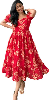 VARSHDIN Women Floral Print Anarkali Kurta(Red)