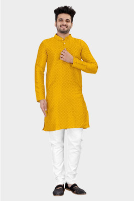 DHASU TRENDZ Men Checkered Straight Kurta(Yellow)
