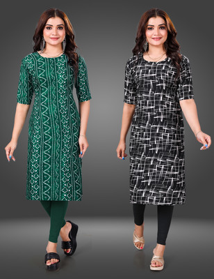 MOBHISA Women Printed Straight Kurta(Black)