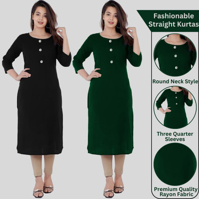 RK Costing Women Solid Straight Kurta(Black, Dark Green)