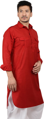 K Royals Men Solid Pathani Kurta(Red)