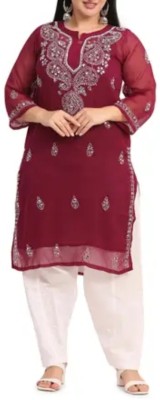 Handworkchikan Women Chikan Embroidery A-line Kurta(Maroon)