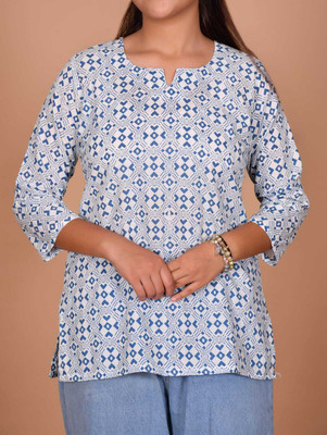 CotTierra Women Printed, Geometric Print Straight Kurta(White, Blue)