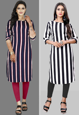 tanvi creation Women Striped Straight Kurta(White, Purple)