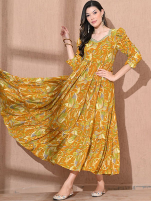 Krishna Enterprises Women Printed Anarkali Kurta(Yellow)