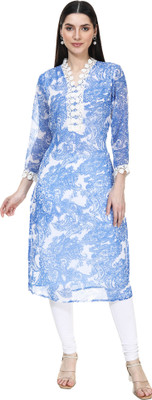 TSM Women Abstract A-line Kurta(White, Blue)
