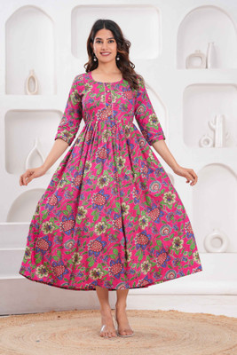 VASTRAM Women Floral Print, Printed A-line Kurta(Pink)