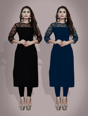 Maheshvi Women Self Design Straight Kurta(Black)