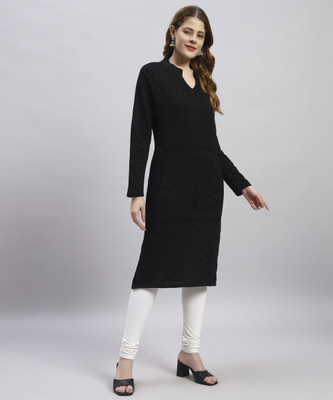 MORKEL Women Self Design Straight Kurta(Black)