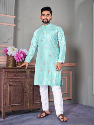FOXDX Men Embroidered Straight Kurta(Light Blue)