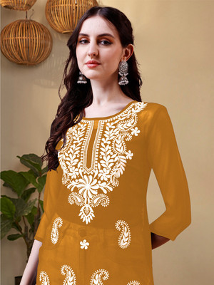 Youthnic Women Embroidered Straight Kurta(Yellow)