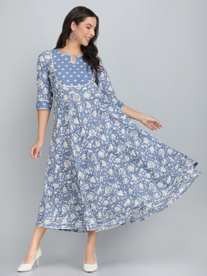 Rubellite Women Printed Flared Kurta(Blue)