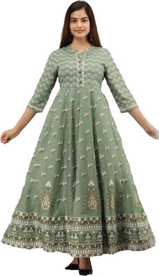 GITAFABRICS Women Kalamkari, Printed, Embellished Anarkali Kurta(Grey)