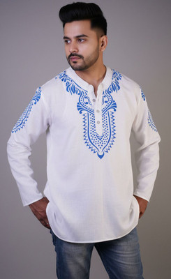 SHAAHEEROOTS Men Printed Straight Kurta(White)