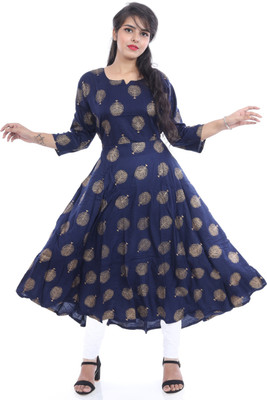 RACHNA FASHION Women Printed Flared Kurta(Dark Blue, Gold)