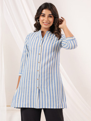 Janasya Women Striped Straight Kurta(White)