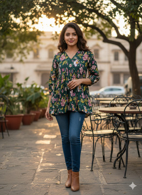 Shabyaa Women Floral Print, Printed Tunic Kurta(Black)