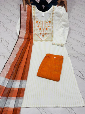FFClothings Women Striped, Embroidered A-line Kurta(Orange)