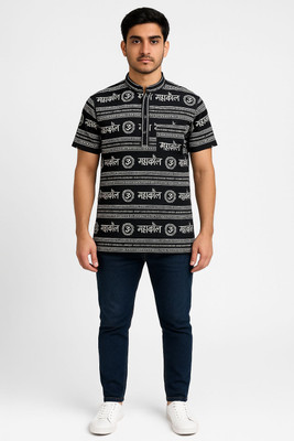 Aadhya designers Men Printed Straight Kurta(Black, White)