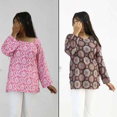aanzri Women Printed, Geometric Print, Paisley A-line Kurta(Multicolor, Pink)