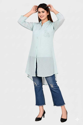 Fatima fashion Women Checkered, Chikan Embroidery Tunic Kurta(Light Blue)