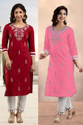 HouseOfCommon Women Chikan Embroidery Straight Kurta(Red)
