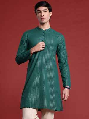 ANOUK Men Striped Straight Kurta(Green)